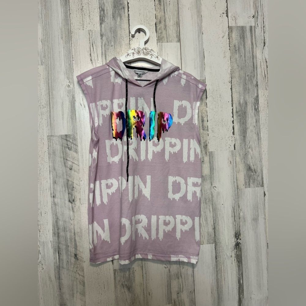 Distortion Sleeveless Hoodie Purple “Drippin” Graphic Streetwear Top Size M